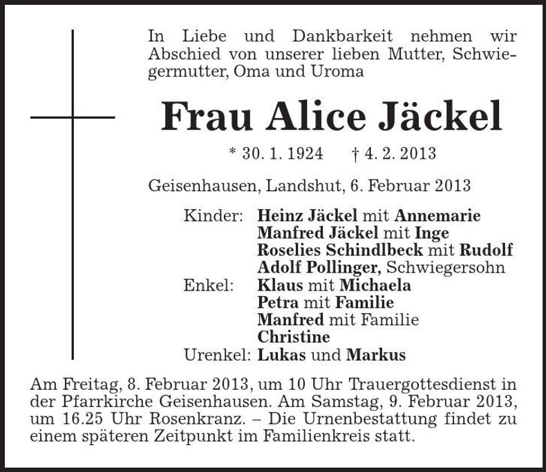 Traueranzeige Alice Jäckel