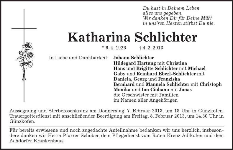 Traueranzeige Katharina Schlichter