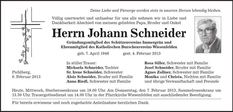 Traueranzeige Johann Schneider