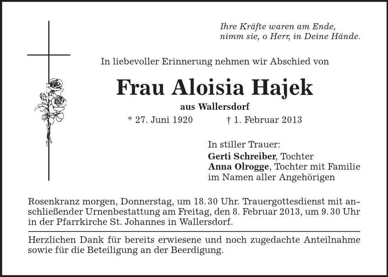 Traueranzeige Aloisia Hajek