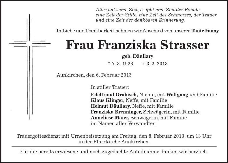 Traueranzeige Franziska Strasser