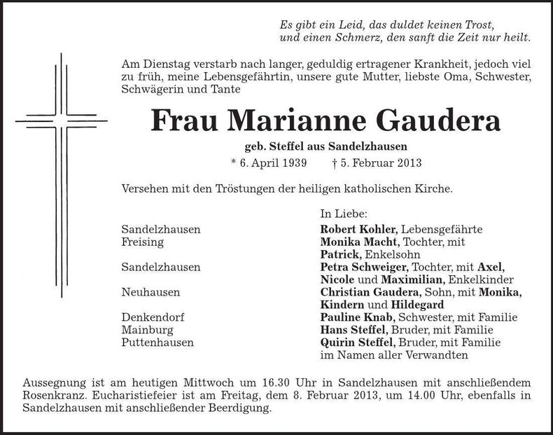Traueranzeige Marianne Gaudera