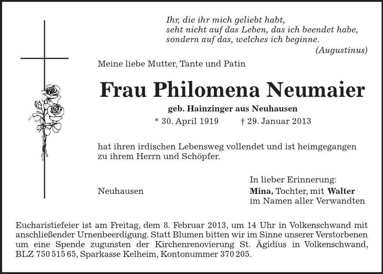 Traueranzeige Philomena Neumaier