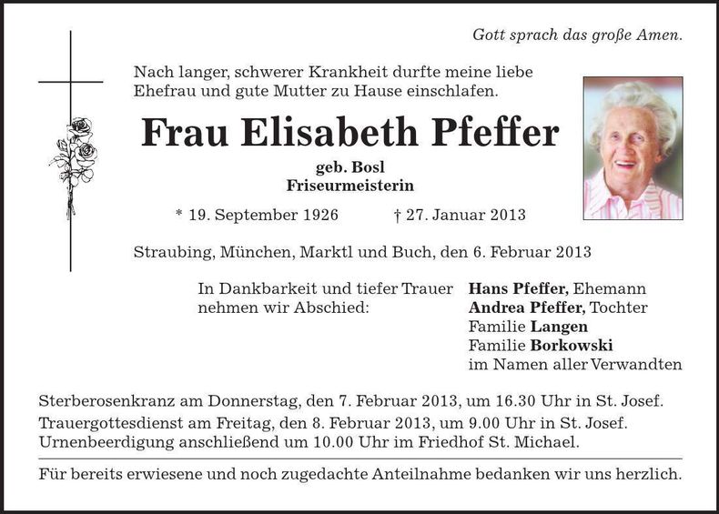 Traueranzeige Elisabeth Pfeffer
