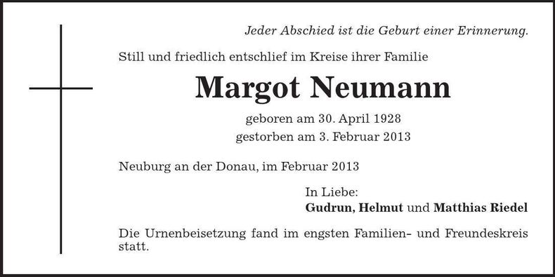 Traueranzeige Margot Neumann