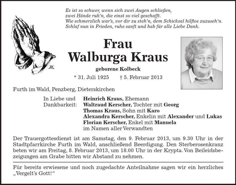 Traueranzeige Walburga Kraus