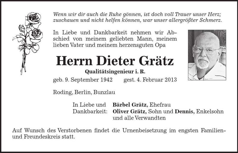 Traueranzeige Dieter Grätz