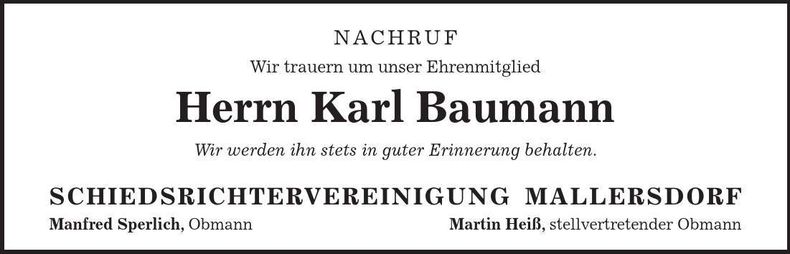 Traueranzeige Karl Baumann