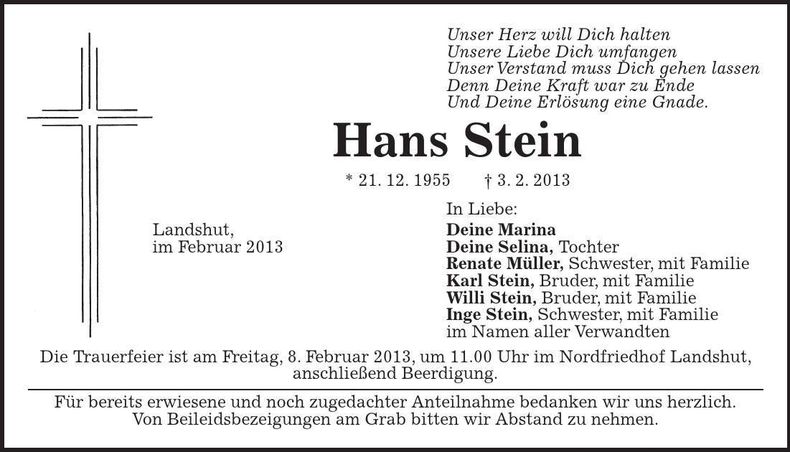 Traueranzeige Hans Stein