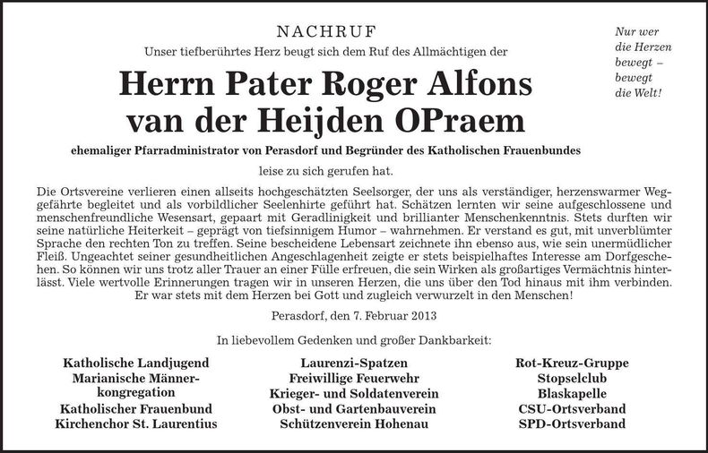 Traueranzeige van der Heijden Pater Roger