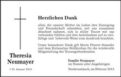Traueranzeige Theresia Neumayer