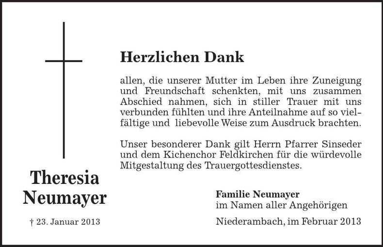 Traueranzeige Theresia Neumayer