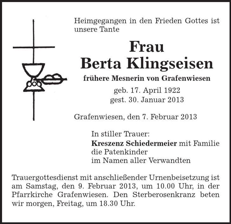 Traueranzeige Berta Klingseisen