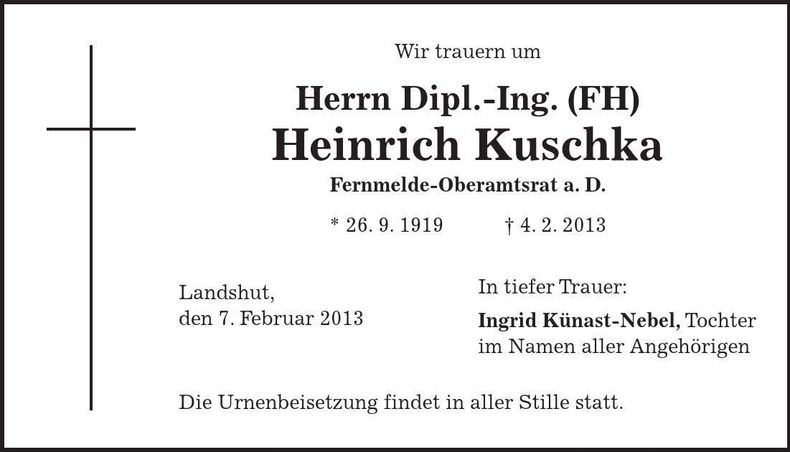 Traueranzeige Heinrich Kuschka
