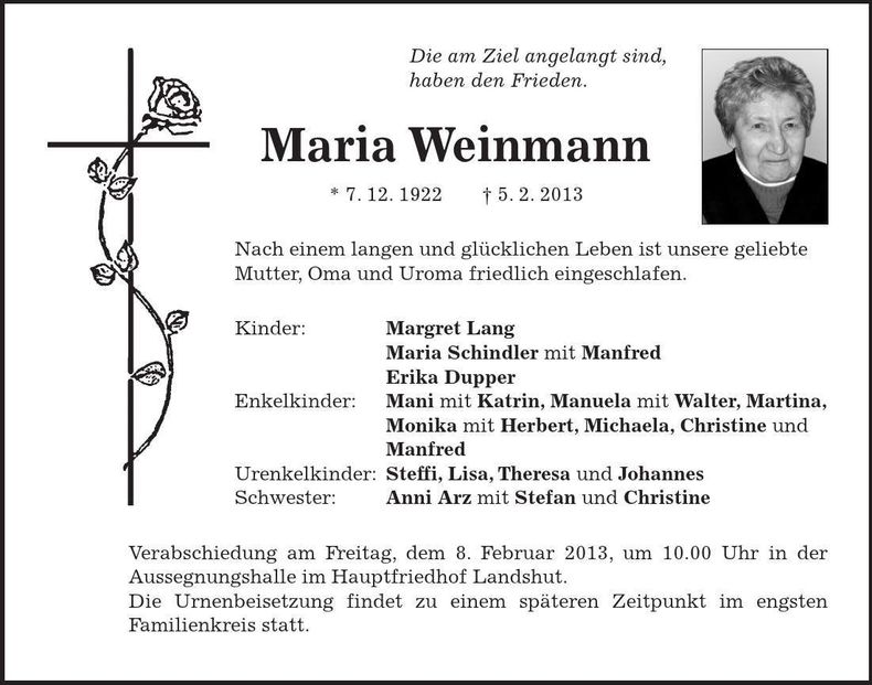 Traueranzeige Maria Weinmann