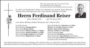 Traueranzeige Ferdinand Reiser