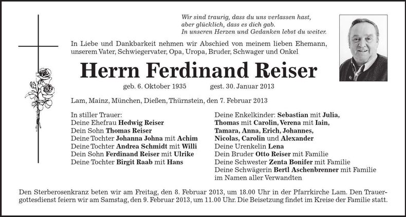 Traueranzeige Ferdinand Reiser
