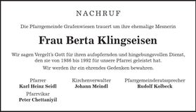 Traueranzeige Berta Klingseisen