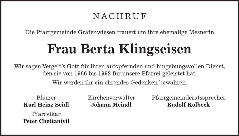 Traueranzeige Berta Klingseisen