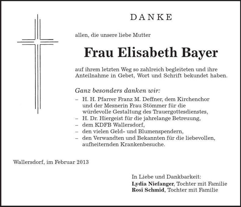 Traueranzeige Elisabeth Bayer