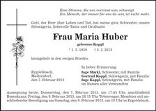 Traueranzeige Maria Huber