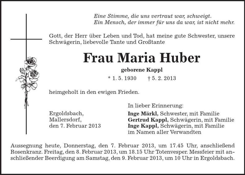 Traueranzeige Maria Huber