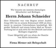 Traueranzeige Johann Schneider