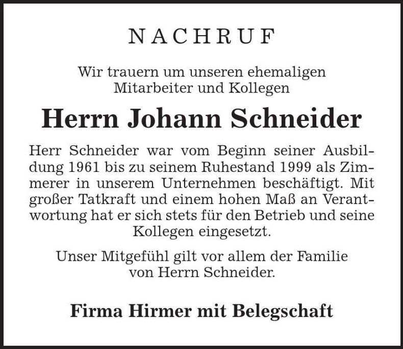 Traueranzeige Johann Schneider
