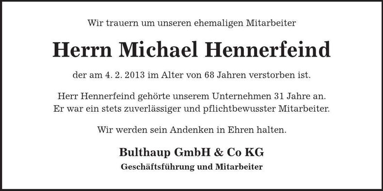 Traueranzeige Michael Hennerfeind
