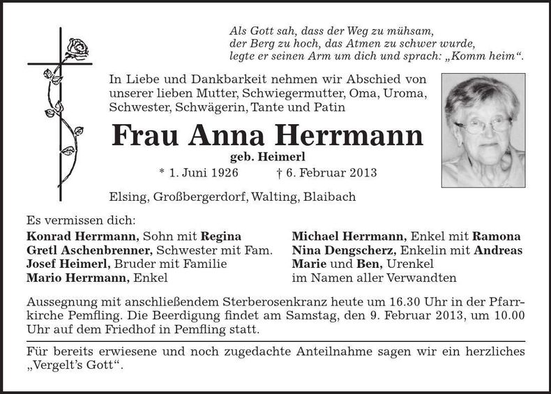 Traueranzeige Anna Herrmann