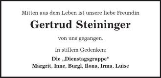 Traueranzeige Gertrud Steininger