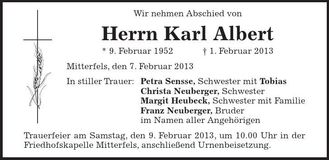 Traueranzeige Karl Albert