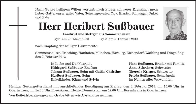 Traueranzeige Heribert Sußbauer