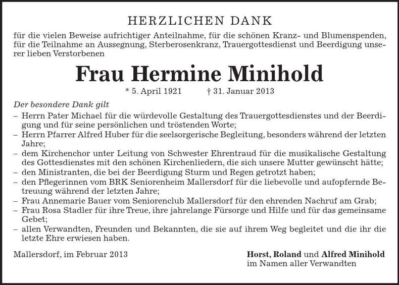 Traueranzeige Hermine Minihold