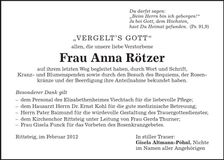 Traueranzeige Anna Rötzer