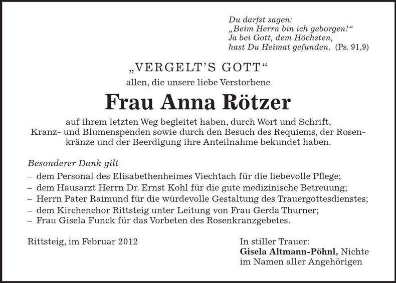Traueranzeige Anna Rötzer