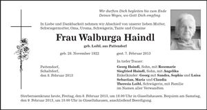 Traueranzeige Walburga Haindl