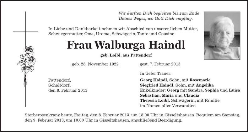 Traueranzeige Walburga Haindl