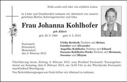 Traueranzeige Johanna Kohlhofer