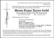 Traueranzeige Franz Xaver Gold