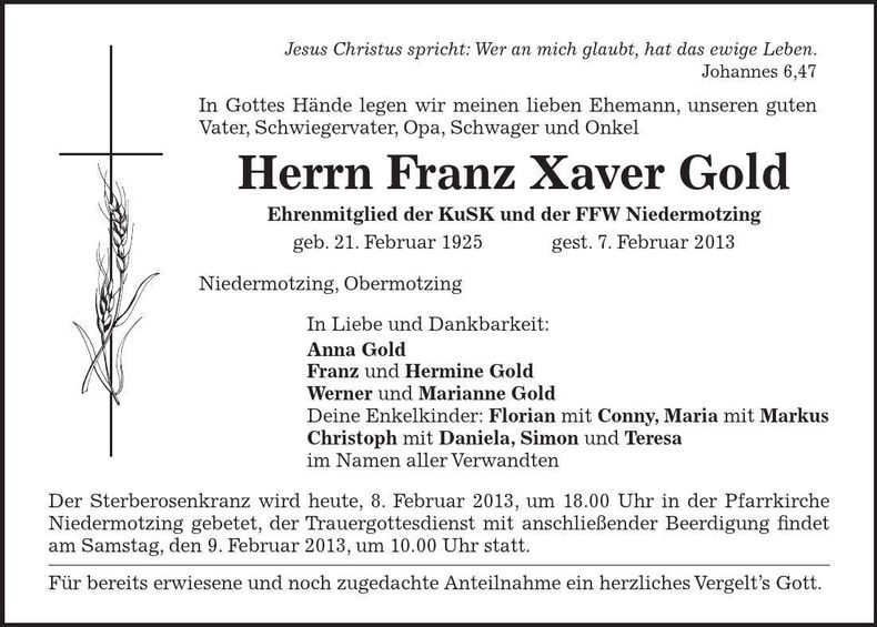 Traueranzeige Franz Xaver Gold