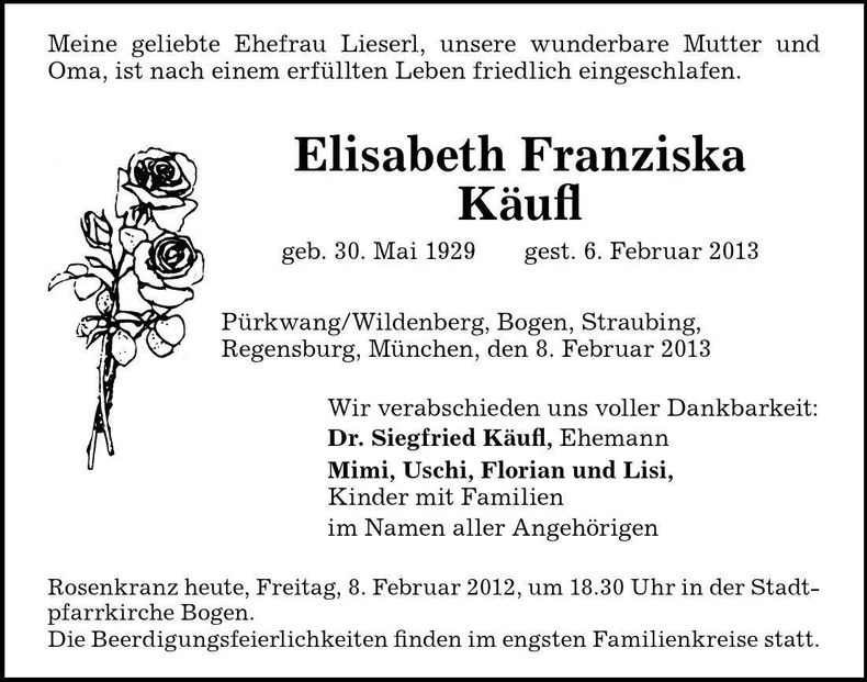 Traueranzeige Elisabeth Franziska Käufl