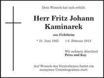 Traueranzeige Fritz Johann Kaminarek