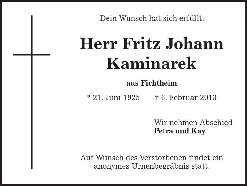 Traueranzeige Fritz Johann Kaminarek