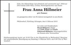 Traueranzeige Anna Hillmeier