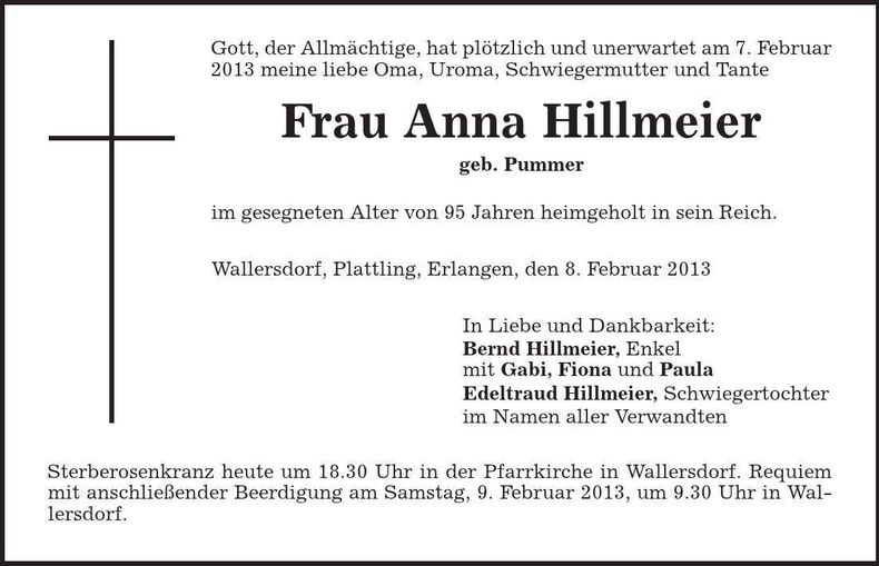 Traueranzeige Anna Hillmeier