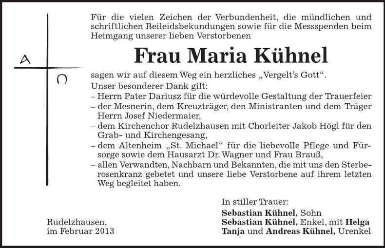 Traueranzeige Maria Kühnel