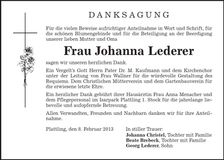 Traueranzeige Johanna Lederer