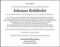 Traueranzeige Johanna Kohlhofer