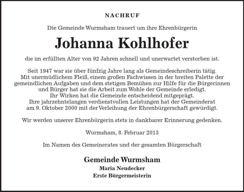 Traueranzeige Johanna Kohlhofer